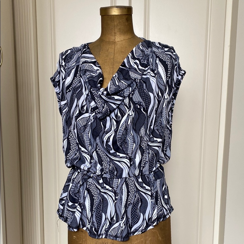 Karma Black and White Ruffled Wrap Blouse